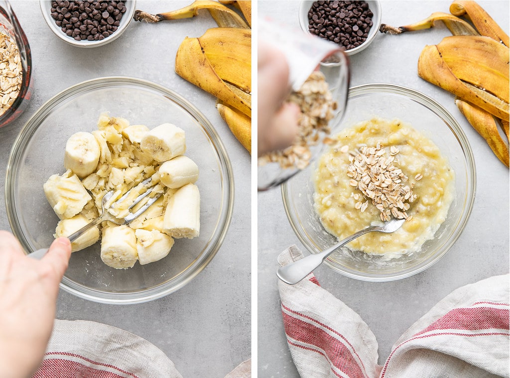 top down view showing the process of mashing bananas in a glass bowl.