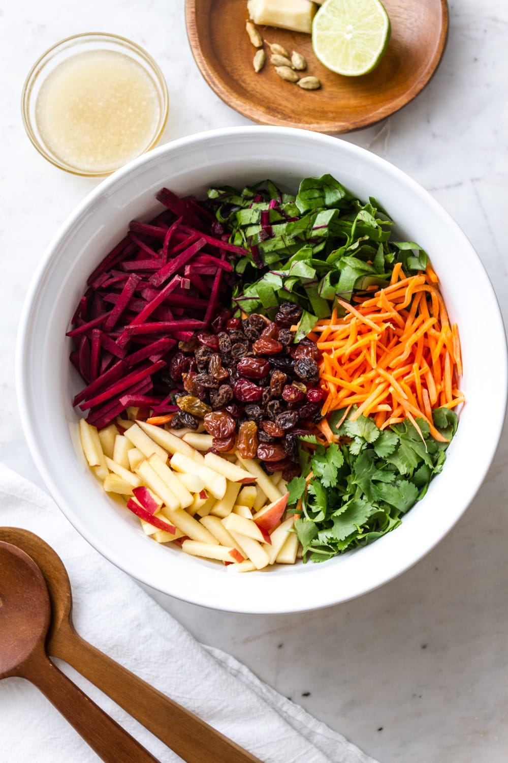 top down view showing the process of making detox salad.