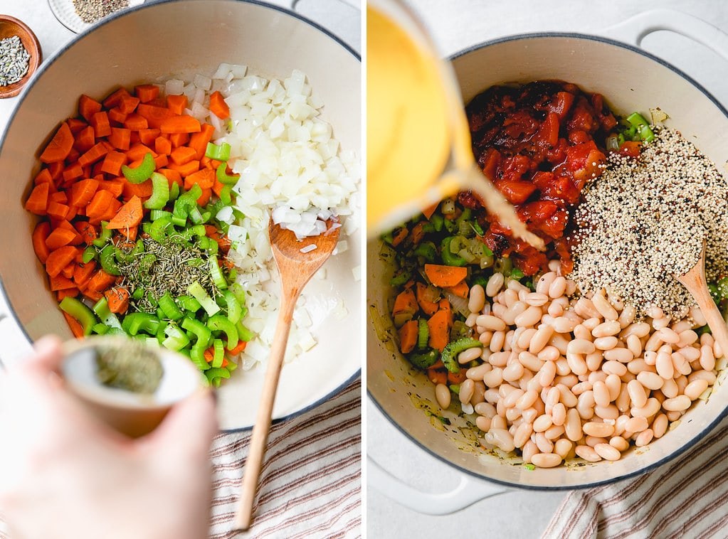 side by side photos showing the process of making kale, quinoa and white bean soup.