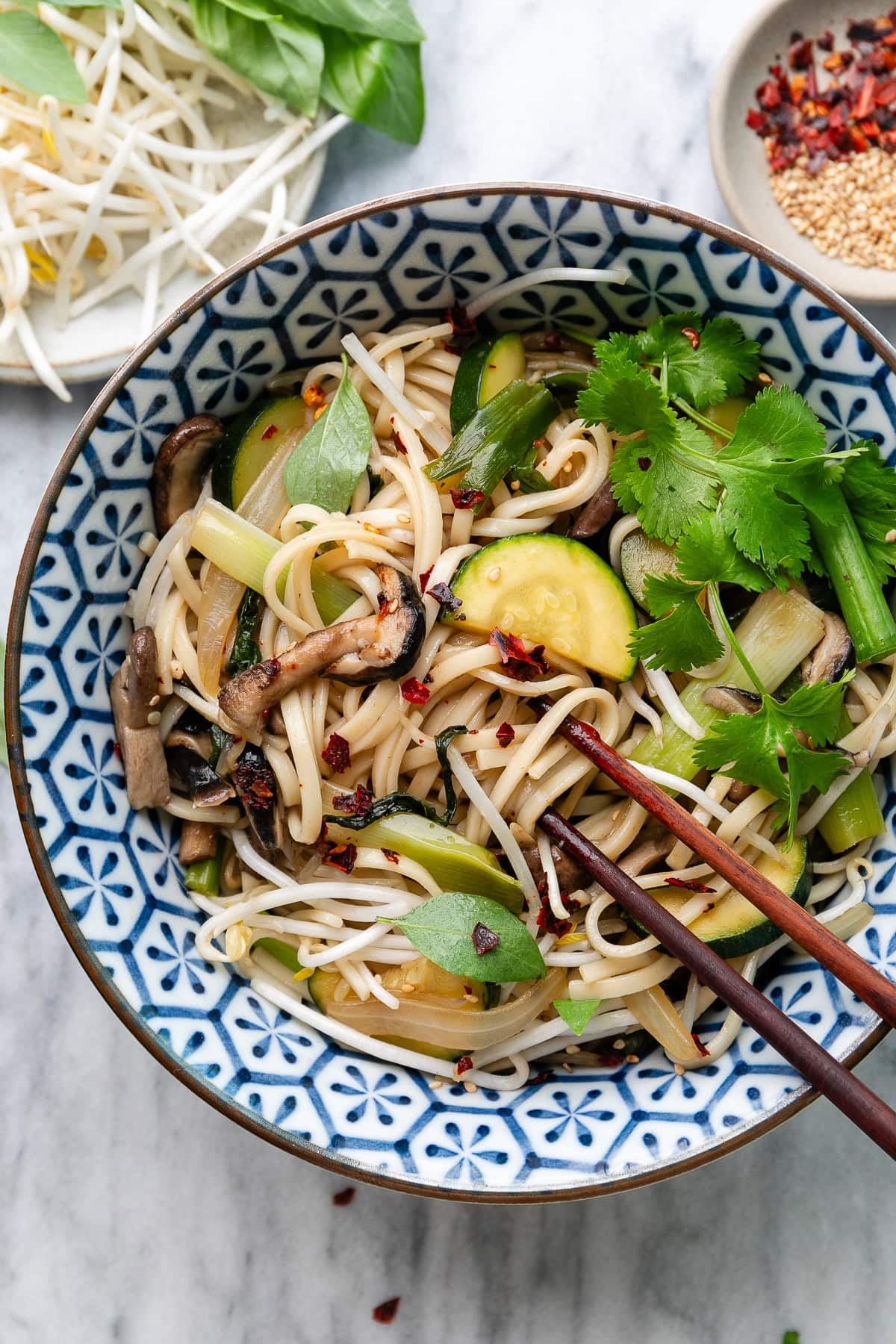 top down view of plated udon noodle bowl with items surrounding.