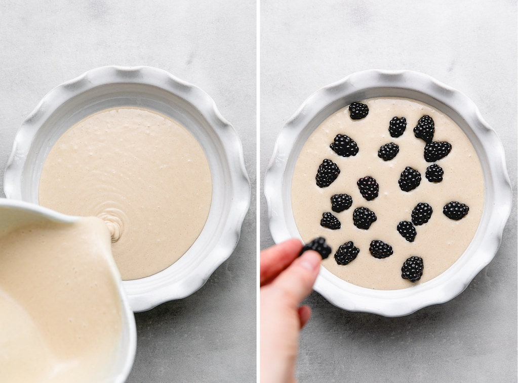 side by side photos showing the process of making blackberry cobbler.