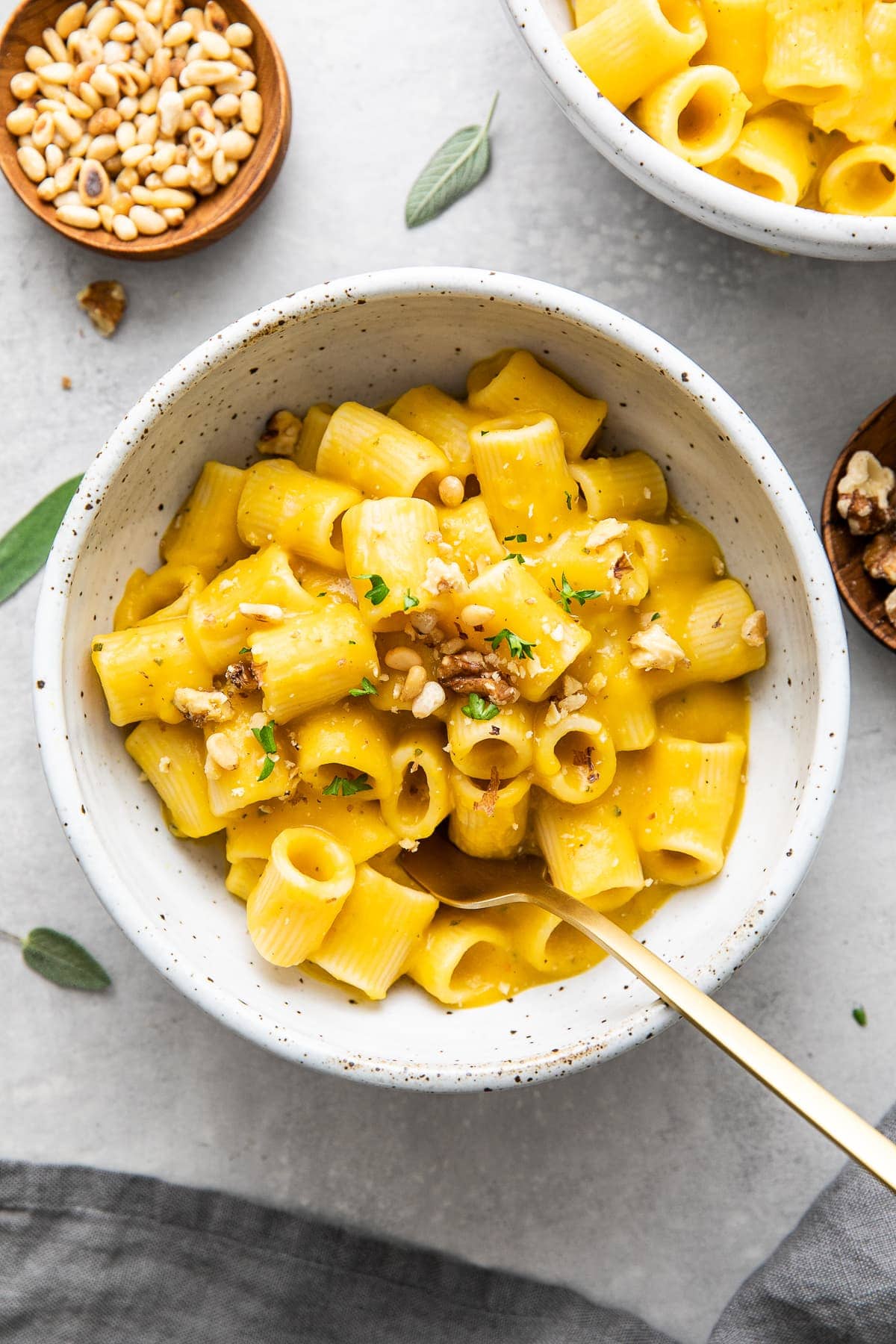 top down view of bowl with serving of butternut squash pasta sauce with rigatoni and items surrounding.