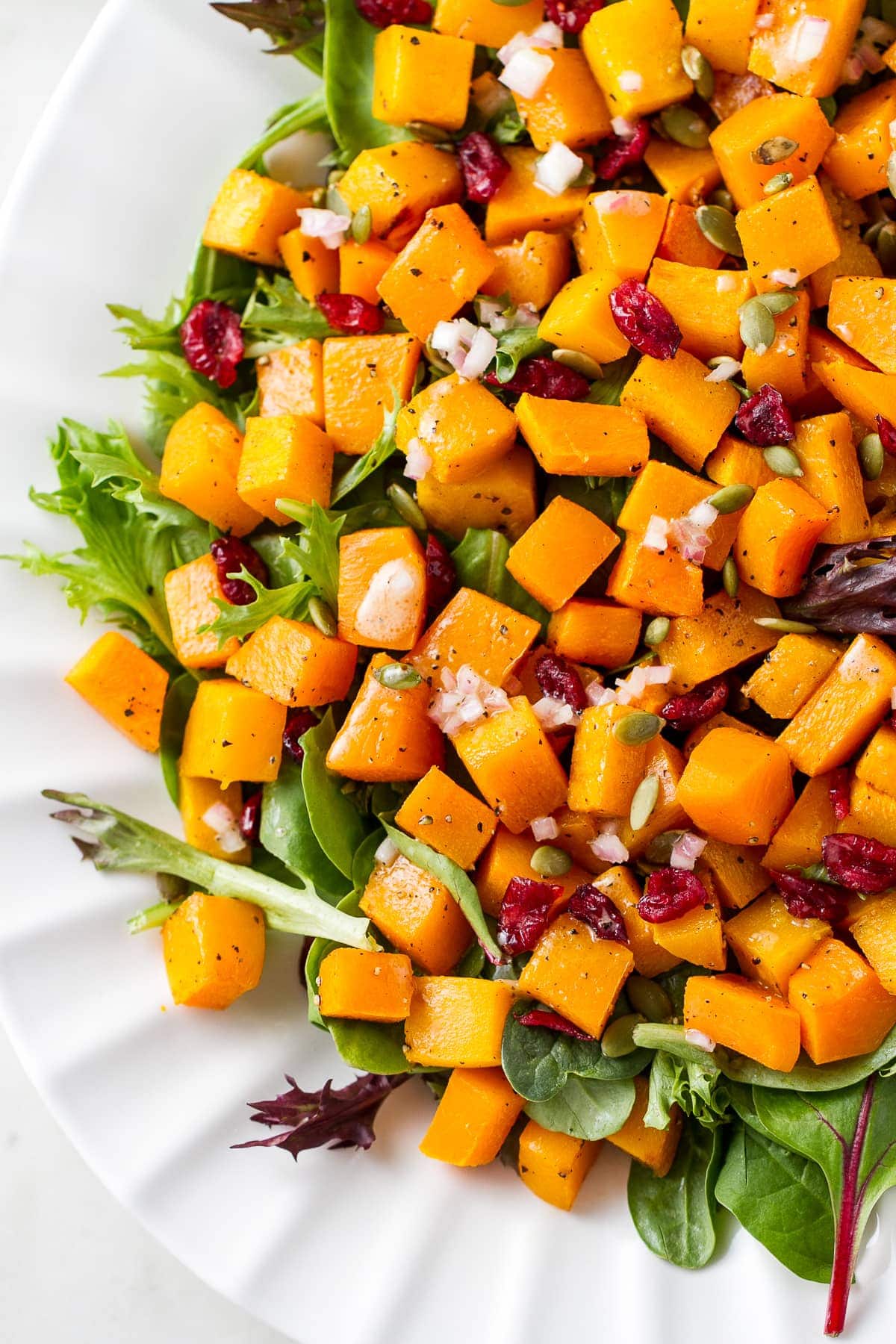 side angle view of butternut squash salad with cranberries and shallot vinaigrette on a serving platter.