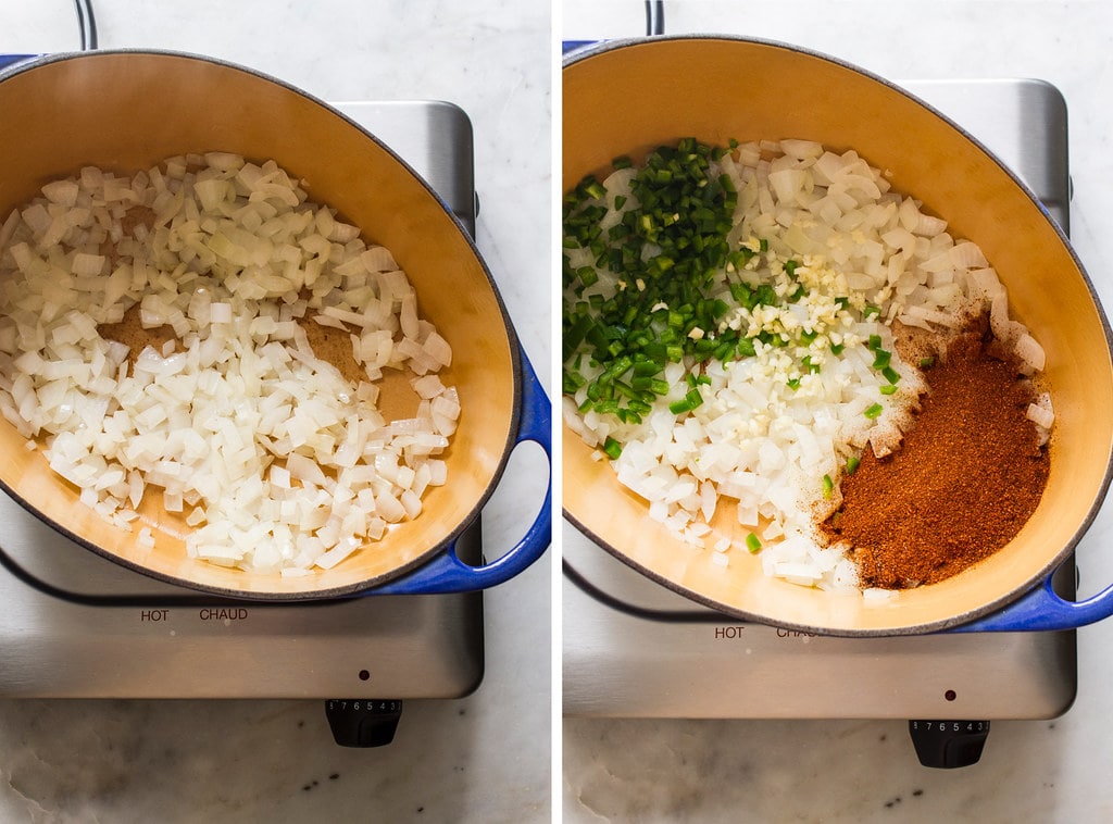 side by side photos showing the process of sauteeing onion, garlic, jalapeno and spices for easy three bean chili recipe.