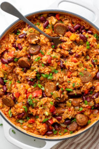 top down view of fresh made vegan jambalaya in a pan.