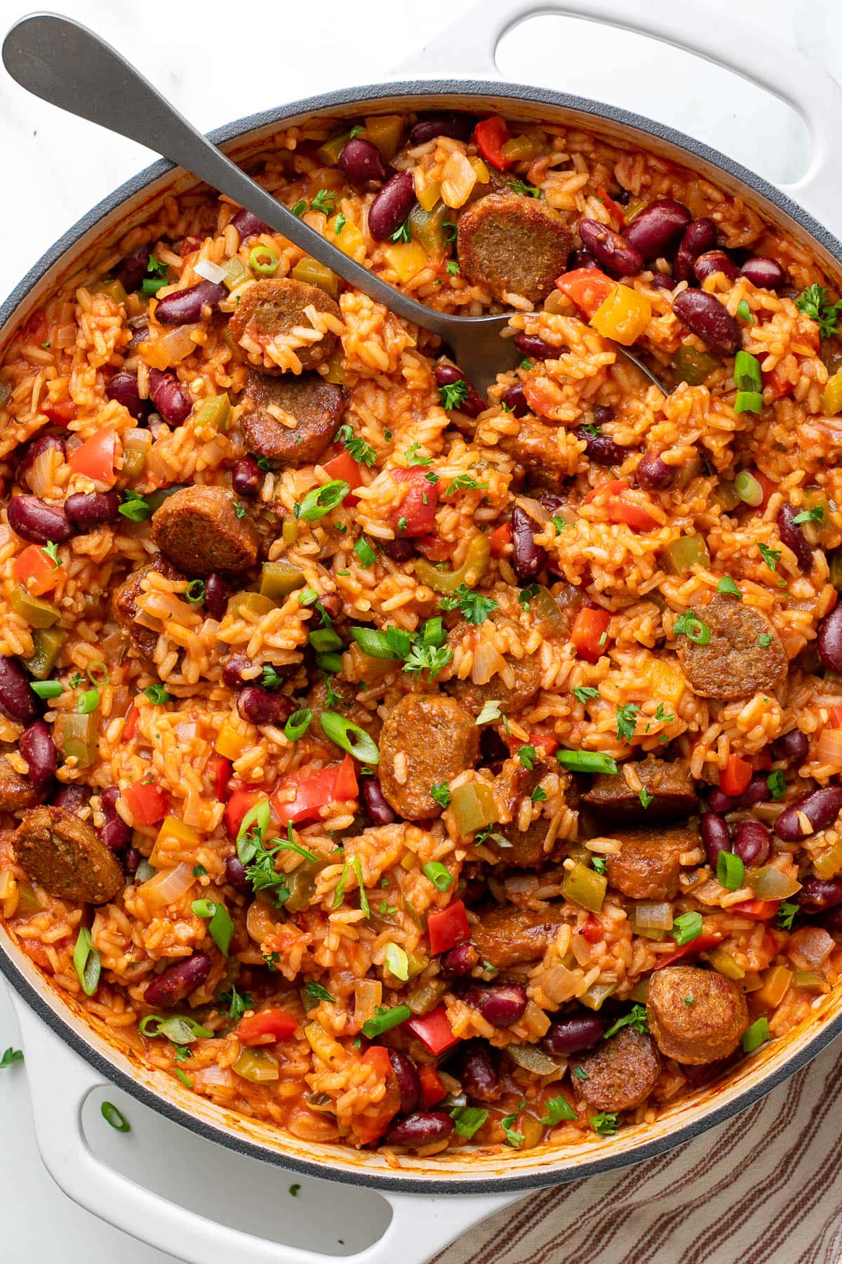 top down view of fresh made vegan jambalaya in a pan.