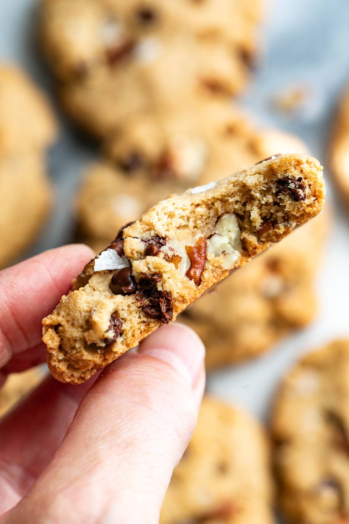 close up view of gluten free pecan cookie with bite taken.
