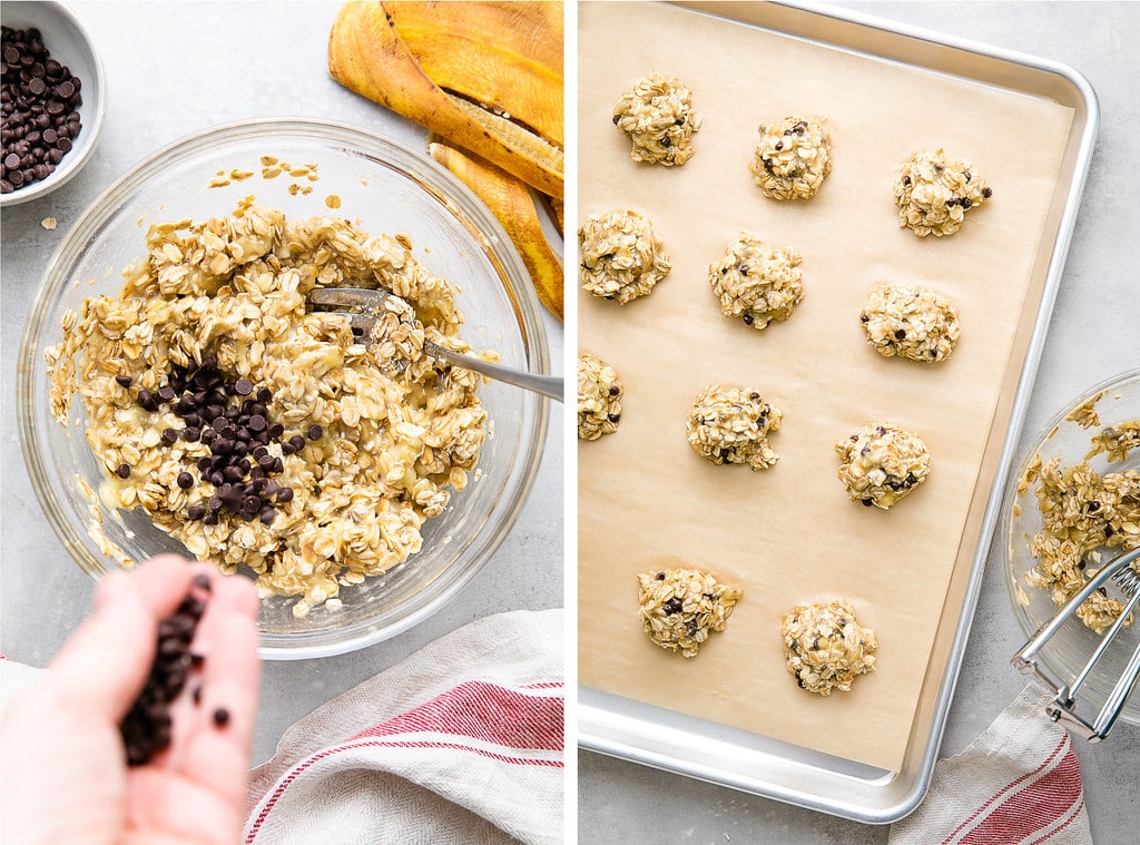 side by side photos showing mixing and adding scoops to prepared baking sheet.