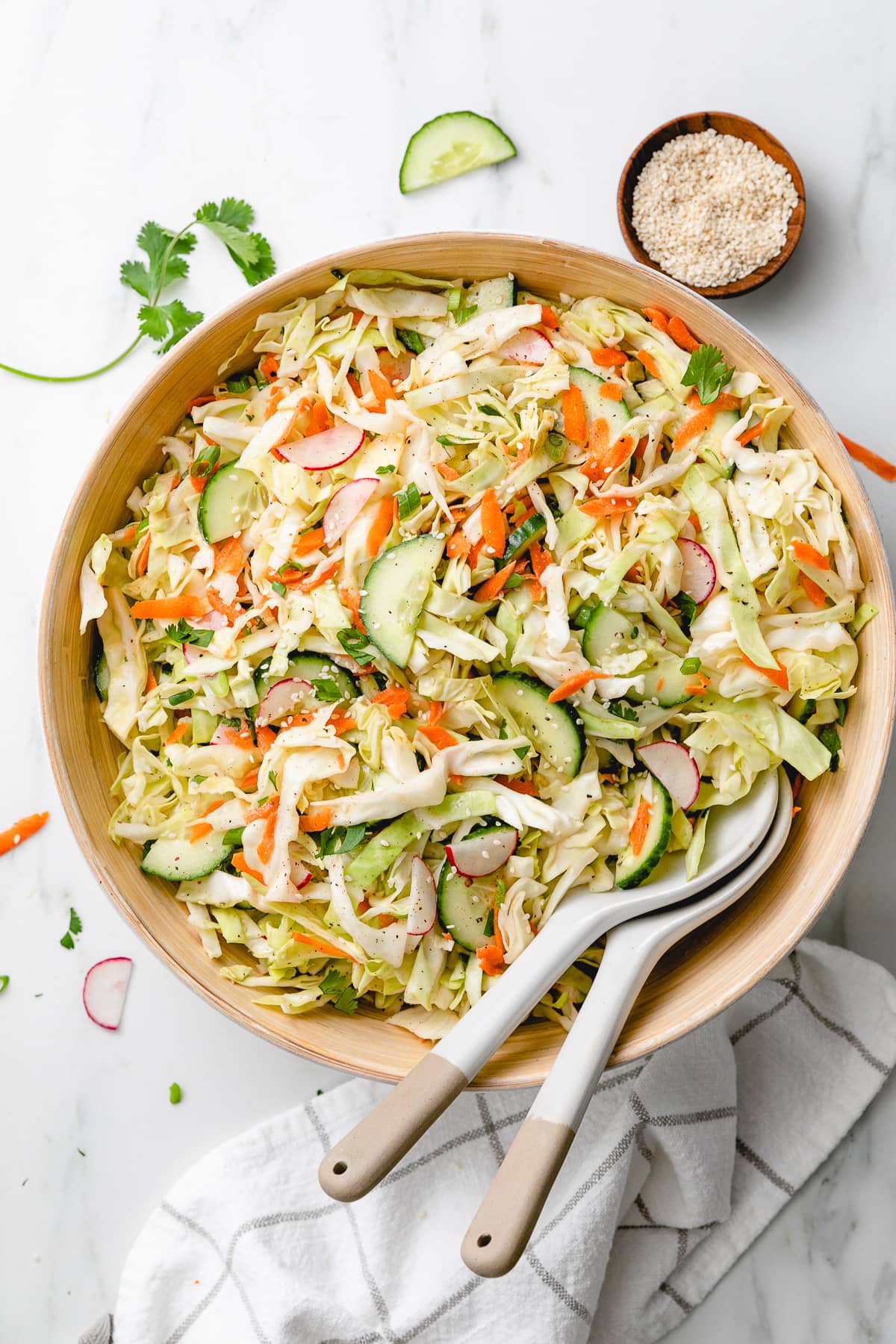 top down view of serving bowl with healthy sesame cabbage salad.