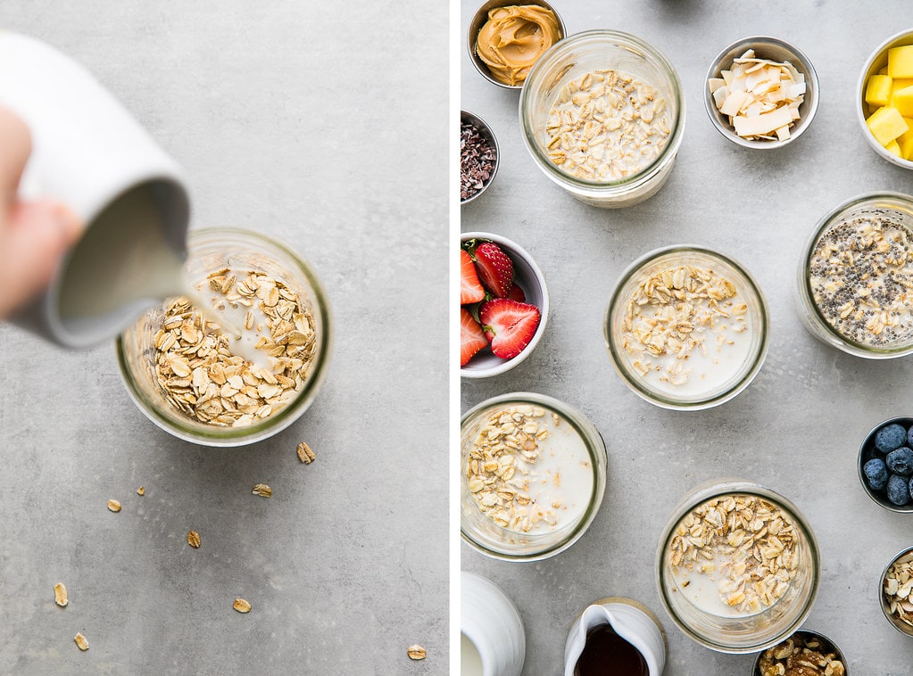 side by side photos showing the process of making overnight oats in mason jars.