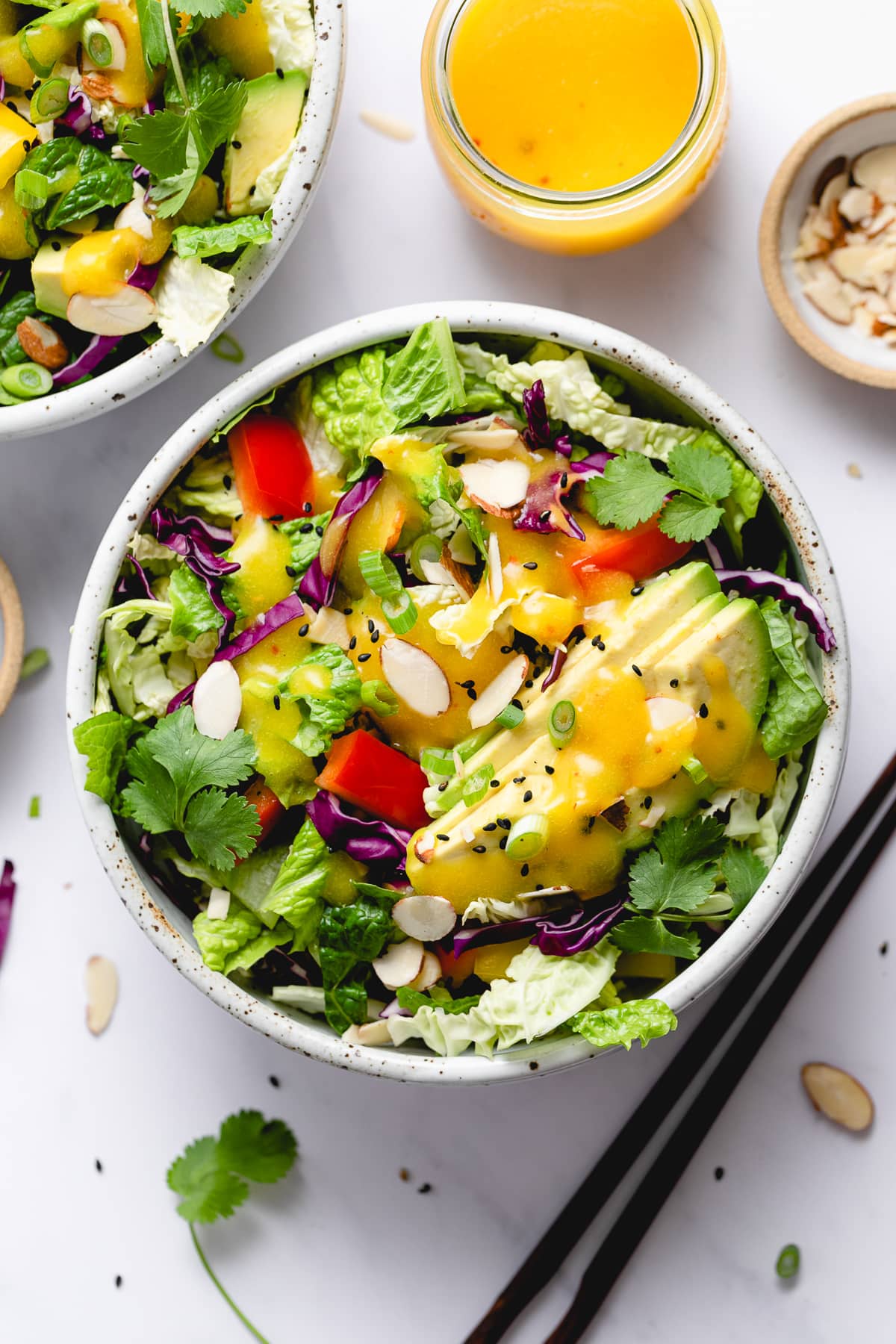 top down view of rainbow chop chop salad in a bowl with items surrounding.