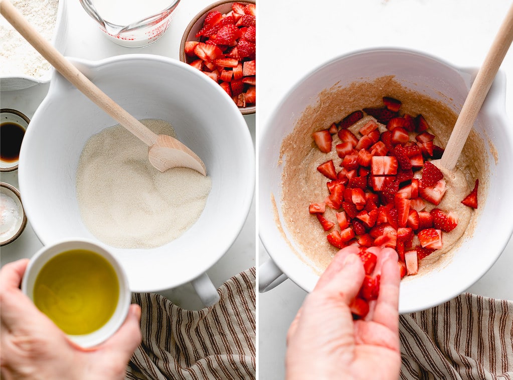 side by side photos showing process of making vegan strawberry muffins.