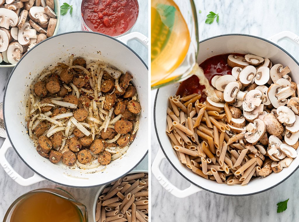 side by side photos showing the process of making vegan sausage pasta in a white pot.