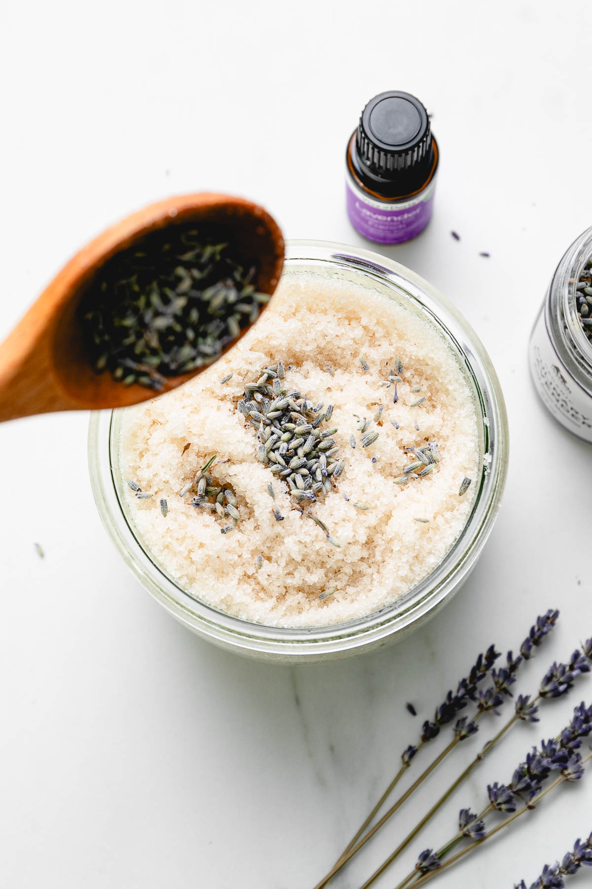 top down view showing the process of making lavender body scrub.
