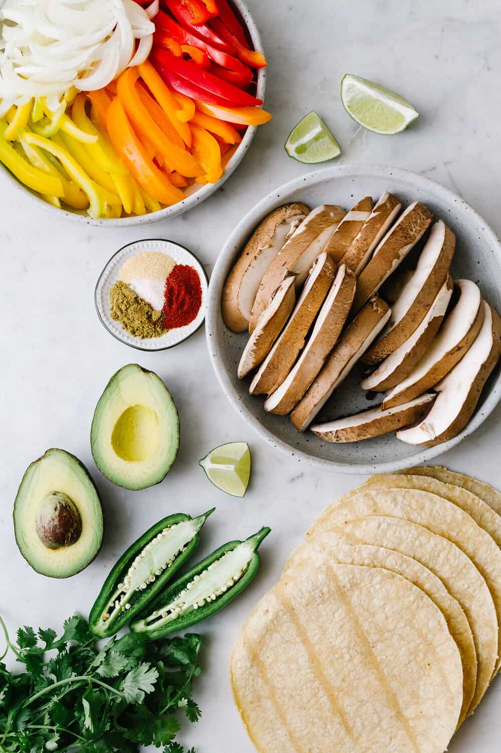 top down view of ingredients used to make portobello mushroom fajitas.