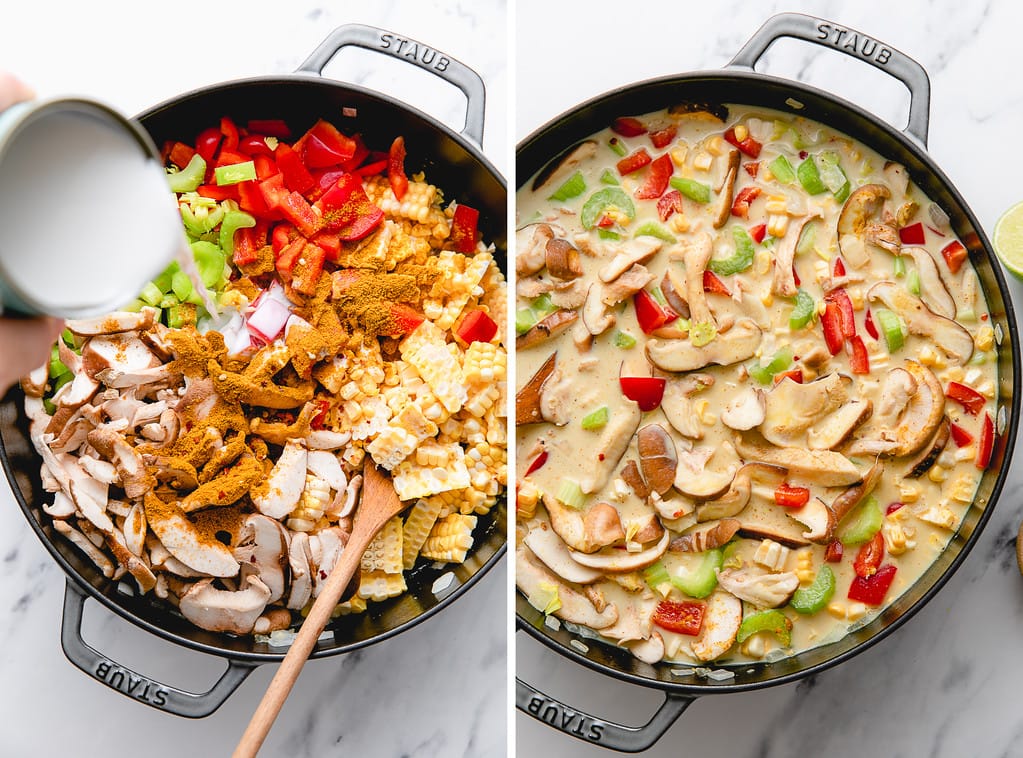 side by side photos showing the process of making coconut curry corn soup.