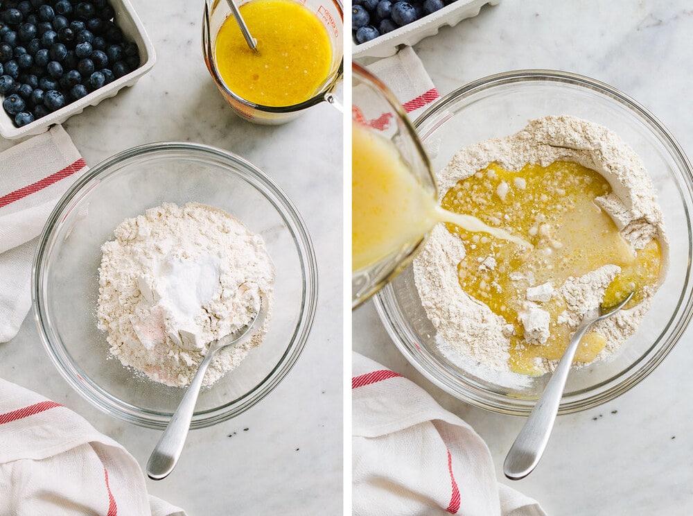 side by side photos of the process of making easy vegan blueberry muffin batter.