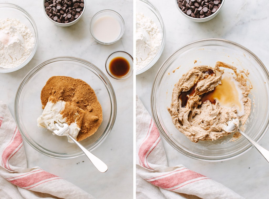side by side photos showing the process of creaming vegan butter and sugar together.