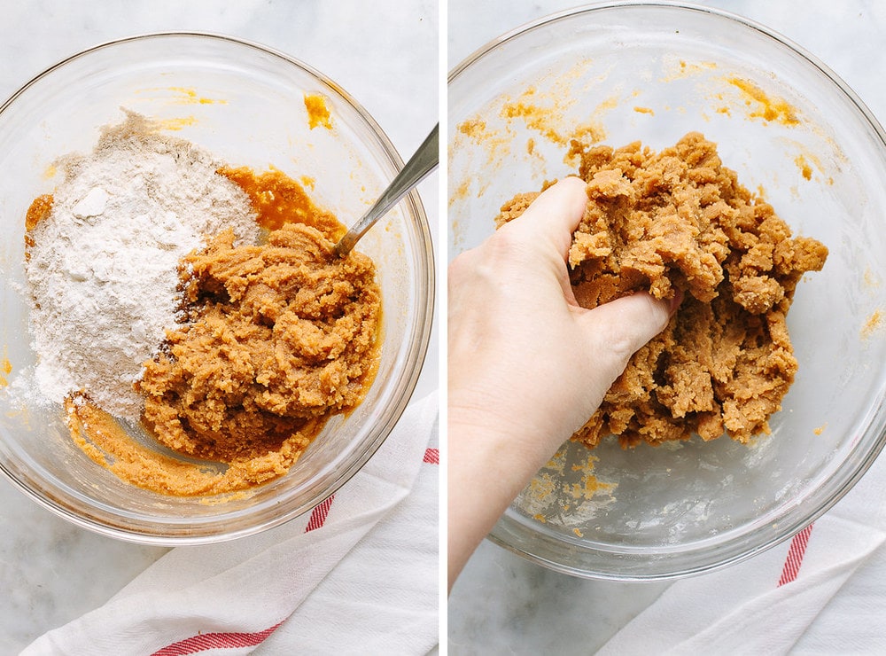side by side photos of the process of adding flour and mixing vegan peanut butter cookies.
