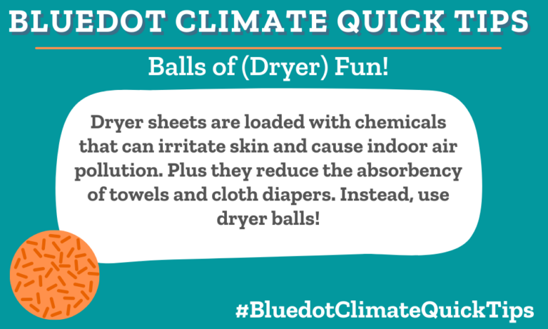 Climate Quick Tip: Balls of (Dryer) Fun! Dryer sheets are loaded with chemicals that can irritate skin and cause indoor air pollution. Plus they reduce the absorbency of towels and cloth diapers. Instead, use dryer balls! Dryer balls are a healthier, less wasteful laundry option. Bluedot loves Friendsheep.