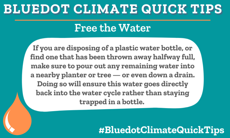 Climate Quick Tip: Free the Water If you are disposing of a plastic water bottle, or find one that has been thrown away halfway full, make sure to pour out any remaining water into a nearby planter or tree — or even down a drain. Doing so will ensure this water goes directly back into the water cycle rather than staying trapped in a bottle. Pour out any remaining water from bottles a into a nearby planter or tree, or even down a drain. And check out Bluedot’s story about an ingenious reuse for plastic bottles.