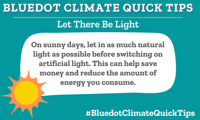 Climate Quick Tip: Let There Be Light On sunny days, let in as much natural light as possible before switching on artificial light. This can help save money and reduce the amount of energy you consume. Dear Dot offers more tips to help reduce your energy consumption and your utility costs.