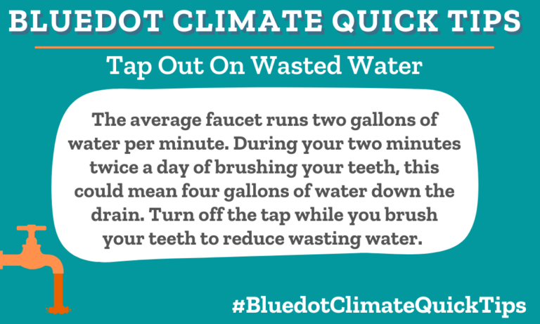 Climate Quick Tip: Tap Out On Wasted Water The average faucet runs two gallons of water per minute. During your two minutes twice a day of brushing your teeth, this could mean four gallons of water down the drain. Turn off the tap while you brush your teeth to reduce wasting water. Make a change in your daily bathroom routine to avoid wasting water.