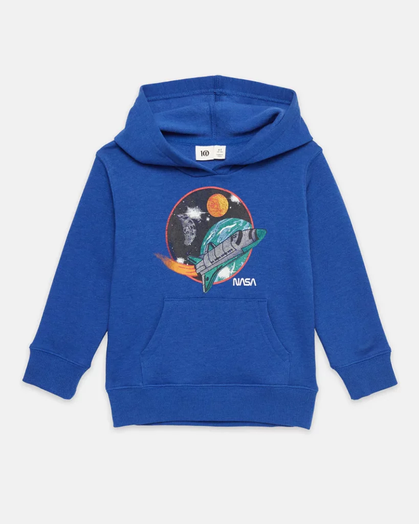 A blue hoodie with a rocket ship graphic and a Nasa logo. 